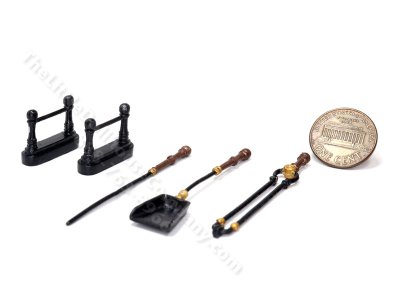 (image for) Miniature 5 Piece Set of Fireplace Tools for Dollhouses - Black & "Wood"