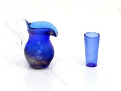 (image for) Miniature Blue Glass Pitcher and Glass for Dollhouses
