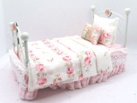 (image for) Miniature White Metal Bed with Pink Bedding