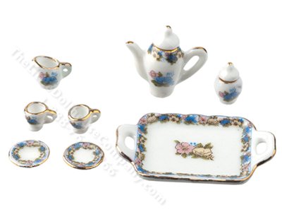 (image for) Miniature Blue Floral Tea Set for Dollhouses