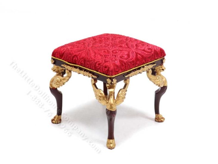 (image for) Miniature Mahogany and Red Empire Foot Stool for Dollhouses