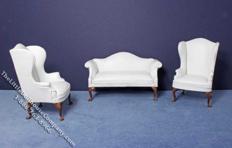 (image for) Miniature Three Piece White Sofa & Chair Set for Dollhouses