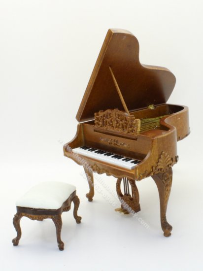 (image for) Miniature Walnut Grand Piano with stool for Dollhouses