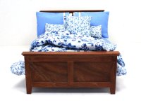 (image for) Miniature Walnut Bed with Blue Floral Bedding for Dollhouses