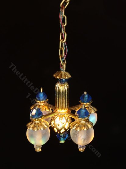 (image for) 1:48 Scale Miniature 3V Four Arm Downward Globe Chandelier for Dollhouses - Blue
