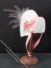 (image for) Miniature White Bonnet w/Pink Ribbon Strap for Dollhouses