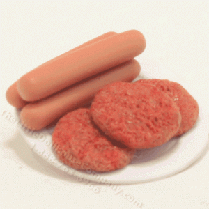 (image for) Miniature Plate of Raw Hamburgers and Hotdogs