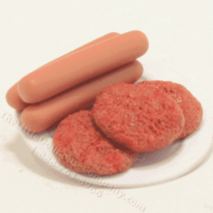 (image for) Miniature Plate of Raw Hamburgers and Hotdogs
