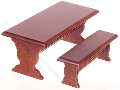 (image for) Miniature Mahogany Table and Benches for Dollhouses