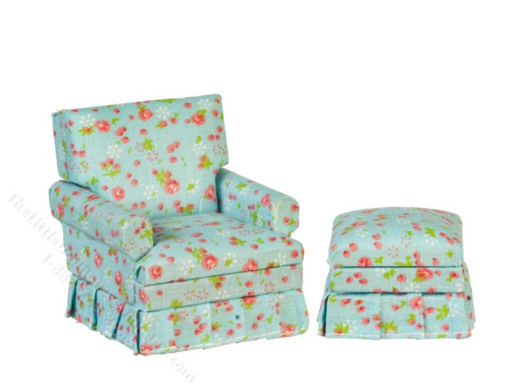 (image for) Miniature Chair and Ottoman with Blue Floral Pattern