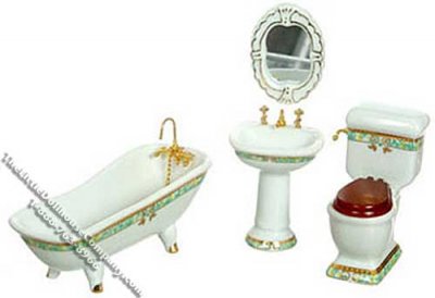 (image for) Miniature White w/Green Trim Porcelain Bath Set for Dollhouses