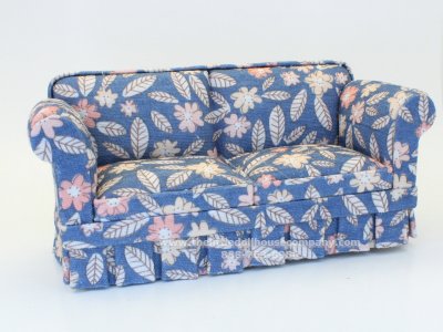 (image for) Miniature Upholstered Modern Sofa in a Blue Floral Pattern