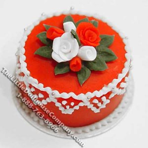 (image for) Dollhouse Scale Model Christmas Red Lace Cake w/Roses
