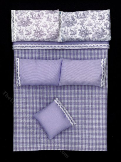 (image for) Miniature Puple Gingham and Toile Bedding for Dollhouses