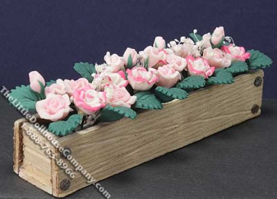 (image for) Miniature Pink/White Roses in Wooden Window Box for Dollhouses