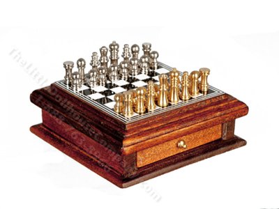 (image for) Miniature Metal Chess Set And Board For Dollhouses - Walnut
