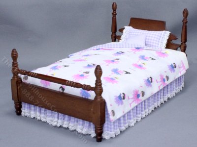 (image for) Miniature Walnut Bed Dressed in Ballerina Bedding