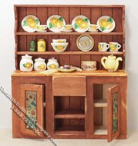 (image for) Miniature Distressed Sunflower Themed Oak Hutch for Dollhouses