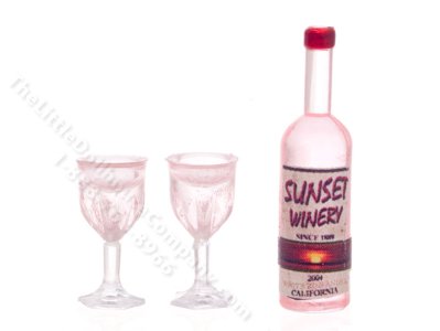 (image for) Miniature Rose Wine Bottle with two Goblets for Dollhouses