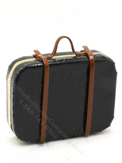 (image for) Miniature Black Suitcase with Brown Straps for Dollhouses