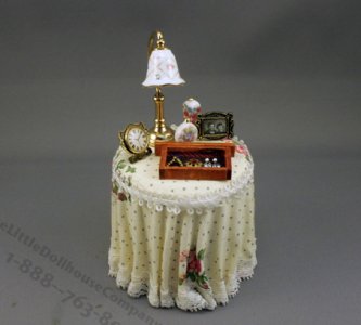 (image for) Dollhouse Miniature Rose Skirted Table with Lamp