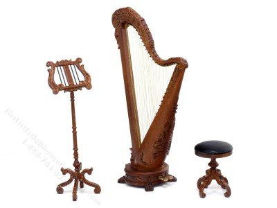 (image for) Miniature 3 Piece Walnut Harp Set for Dollhouses