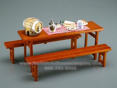 (image for) Dollhouse Scale Ale/Beer Bench decorated with Oktoberfest Snack