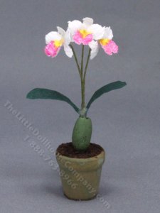 (image for) Miniature Pot of White and Pink Orchids for Dollhouses