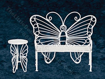(image for) Miniature White Wire Butterfly Bench and Table for Dollhouses