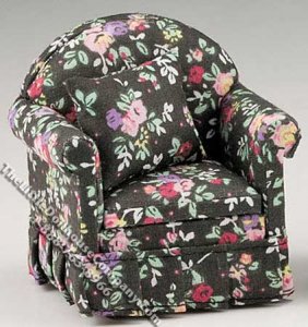 (image for) Miniature Black Chair w/Floral Pattern and Pillow for Dollhouses
