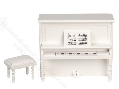(image for) Miniature White Upright Piano with Bench for Dollhouses