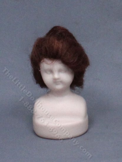 (image for) Miniature Porcelain Doll Head with Styled Brown Hair