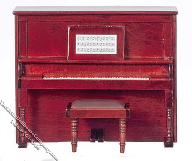 (image for) Miniature Mahogany Upright Piano with Bench for Dollhouses