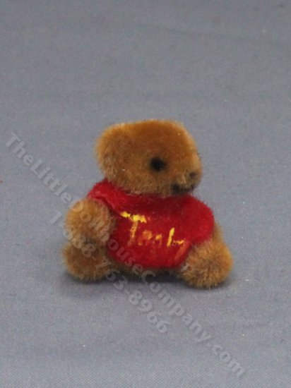 (image for) Miniature Flocked Brown Bear in Red Sweater for Dollhouses