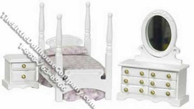 (image for) Miniature 1/2" Scale White 3 Piece Bedroom Set for Dollhouses