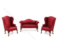 (image for) Miniature 3 piece Red Damask Camelback Living Room Set for Dollhouses