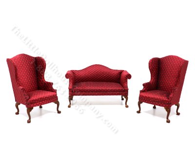 (image for) Miniature 3 piece Red Damask Camelback Living Room Set for Dollhouses