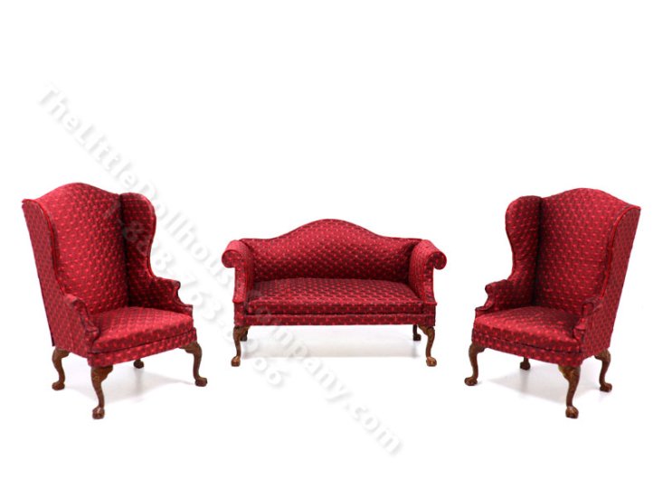 (image for) Miniature 3 piece Red Damask Camelback Living Room Set for Dollhouses