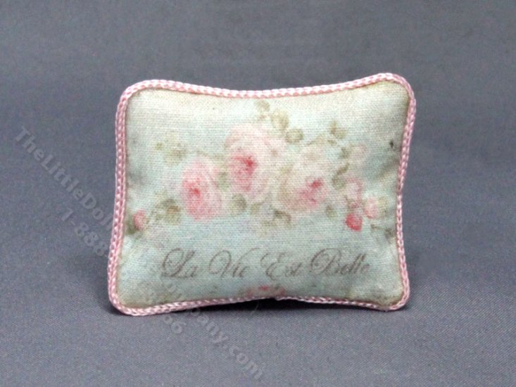 (image for) Miniature Pale "La Vie Est Belle" Pillow for Dollhouses