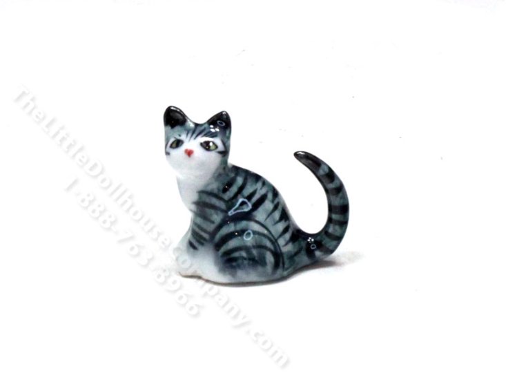 (image for) Miniature Grey Striped Cat Figurine for Dollhouses