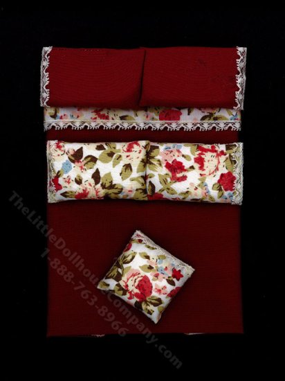 (image for) Miniature Burgundy and Floral Bedding for Dollhouses