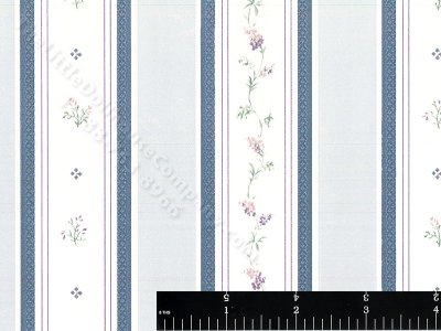 (image for) Blue Striped Floral Vine Miniature Wallpaper for Dollhouses