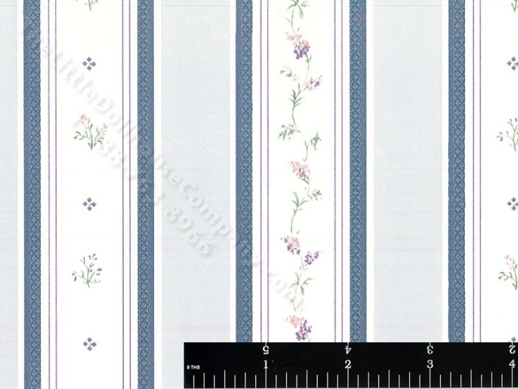 (image for) Blue Striped Floral Vine Miniature Wallpaper for Dollhouses