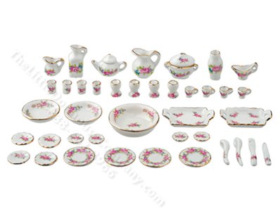 (image for) Miniature Pink Floral 42 Piece Dinner Service for Dollhouses