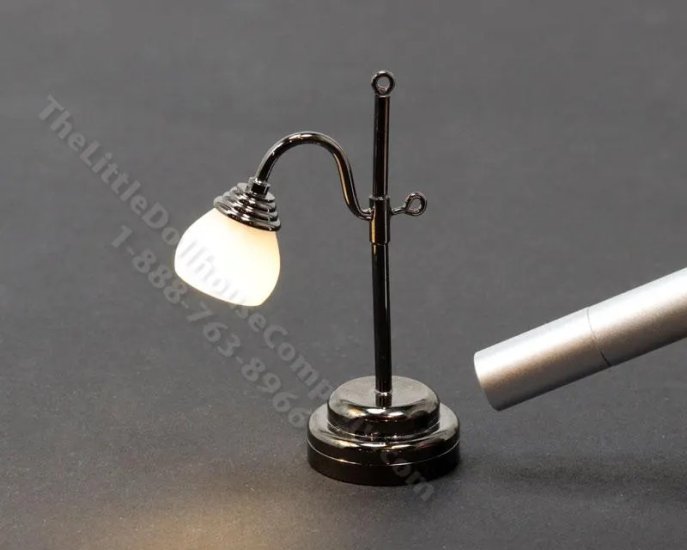 (image for) Miniature Battery Antique Pewter Desk Lamp w/ Wand For Dollhouses