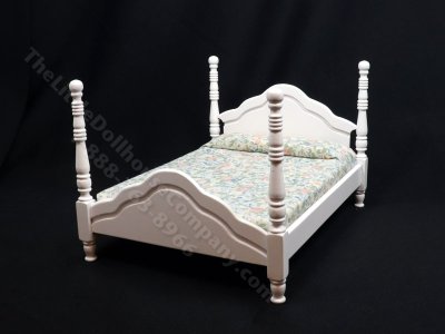 (image for) Miniature White 4-Poster Bed with Blue Sheets For Dollhouses