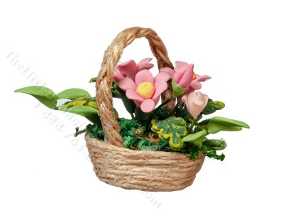(image for) Miniature Pink Floral Arrangment in Basket for Dollhouses