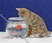(image for) Dollhouse Scale Model Brown Cat Watching Fish in Bowl