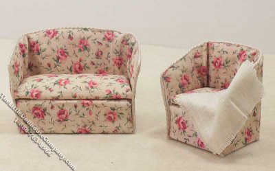 (image for) 1/2" Scale Flower Pattern Sofa & Chair Set for Dollhouses