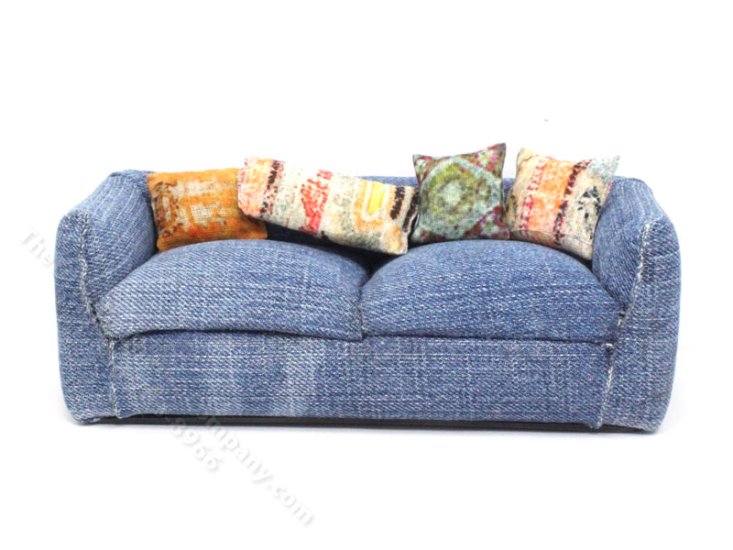 (image for) Miniature Modern Denim Sofa with Pillows by PRD Miniatures